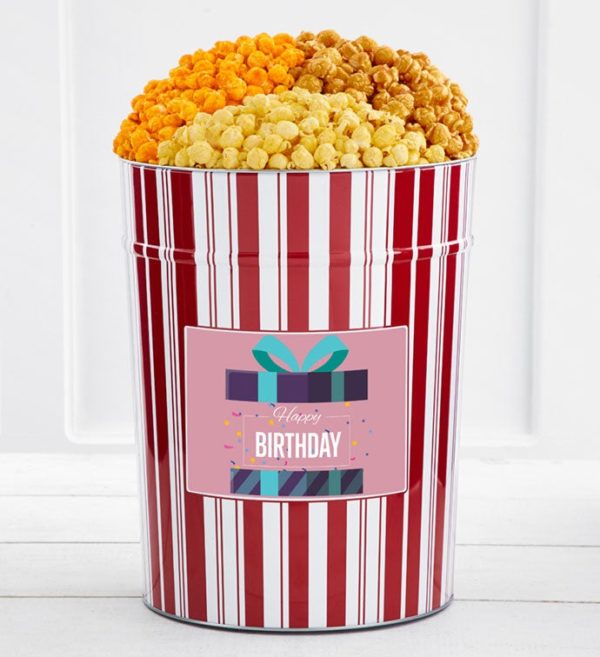 Tins With Pop 4-Gallon Happy Birthday Gift Popcorn Tin 3-Flavor