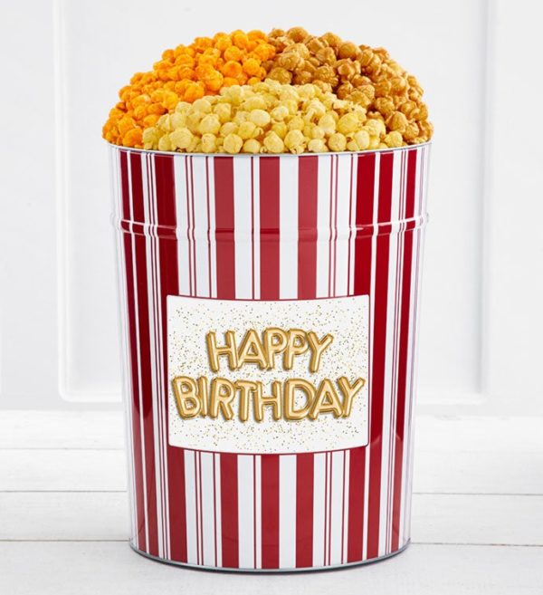 Tins With Pop 4-Gallon Happy Birthday Gold Balloons Popcorn Tin 3-Flavor