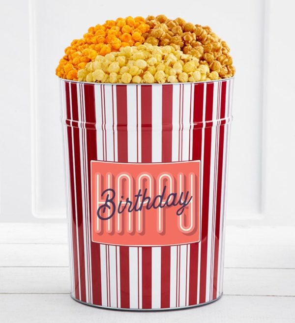 Tins With Pop 4-Gallon Happy Birthday Retro Font Popcorn Tin 3-Flavor