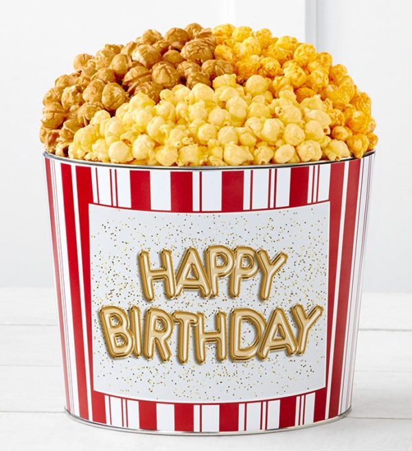 Tins With Pop® Happy Birthday Gold Balloons 1.75-Gallon Popcorn Tin Retro 3-Flavor