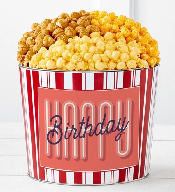 Tins With Pop® Happy Birthday Retro Font 1.75-Gallon Popcorn Tin Retro 3-Flavor