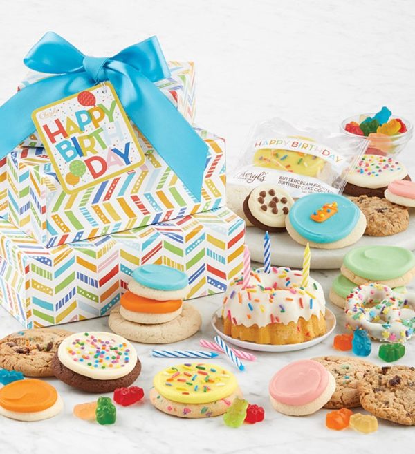 Happy Birthday Gift Tower By Cheryl's - Cookies Delivered - Cookie Gift Baskets - Birthday Gifts