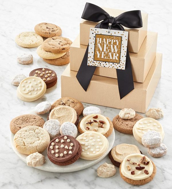 Holiday Gold Gift Tower By Cheryl's - Cookies Delivered - Cookie Gift Baskets - Christmas Gifts