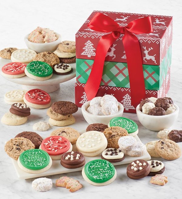 Holiday Plaid Triple Treat Gift Tower By Cheryl's - Cookies Delivered - Cookie Gift Baskets - Christmas Gifts
