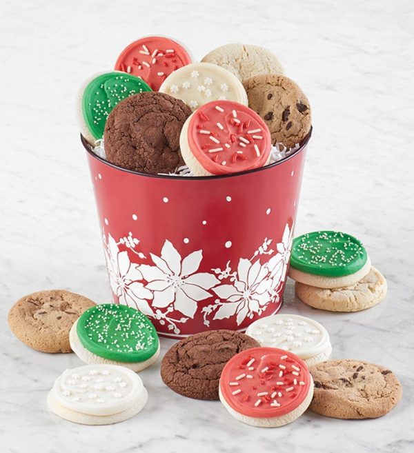 Poinsettia Holiday Cut-Out Cookie Pail By Cheryl's - Cookies Delivered - Cookie Gift Baskets - Christmas Gifts