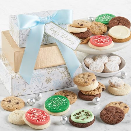 Sparkling Happy Holidays Gift Tower By Cheryl's - Cookies Delivered - Cookie Gift Baskets - Christmas Gifts