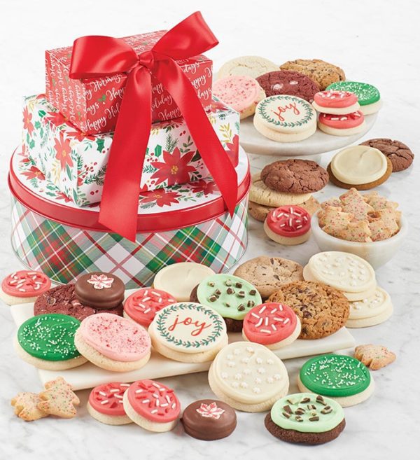 Traditional Happy Holidays Gift Tin Tower By Cheryl's - Cookies Delivered - Cookie Gift Baskets - Christmas Gifts