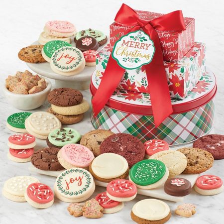 Traditional Merry Christmas Gift Tin Tower By Cheryl's - Cookies Delivered - Cookie Gift Baskets - Christmas Gifts