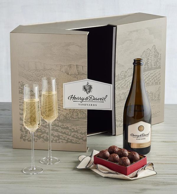 Sparkling Wine With Glasses And Truffles Gift Set, Assorted Foods, Gifts by Harry & David