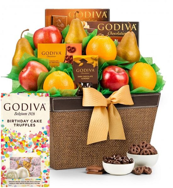 Godiva Birthday Cake Truffles with Delicious Fruit Gift Basket