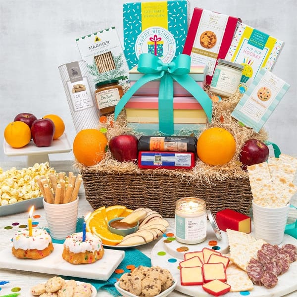 Happy Birthday Delectable Assortment of Goodies Fruit Gift Basket