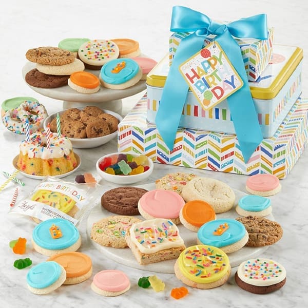 Happy Buttercream Frosted Birthday Cake and Cookies Gift Basket