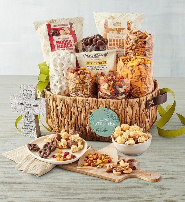 Sympathy Snacks Basket With Personalized Tabletop Cross, Gifts by Harry & David