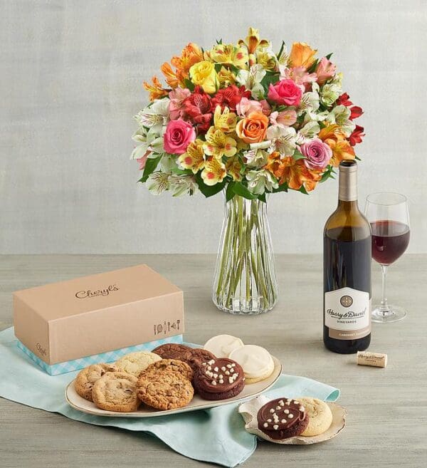 Assorted Roses & Peruvian Lilies, Cheryl's® Cookies, And Cabernet Sauvignon by Harry & David