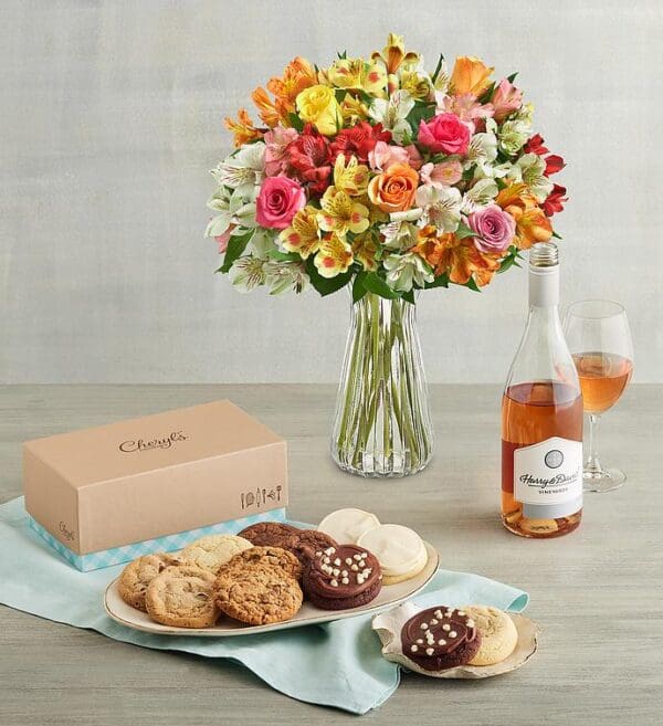 Assorted Roses & Peruvian Lilies, Cheryl's® Cookies, And Rosé, Mixed Bouquets, Flowers by Harry & David