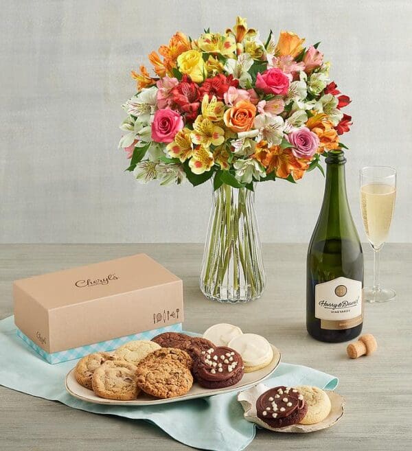 Assorted Roses & Peruvian Lilies, Cheryl's® Cookies, And Sparkling White Wine by Harry & David