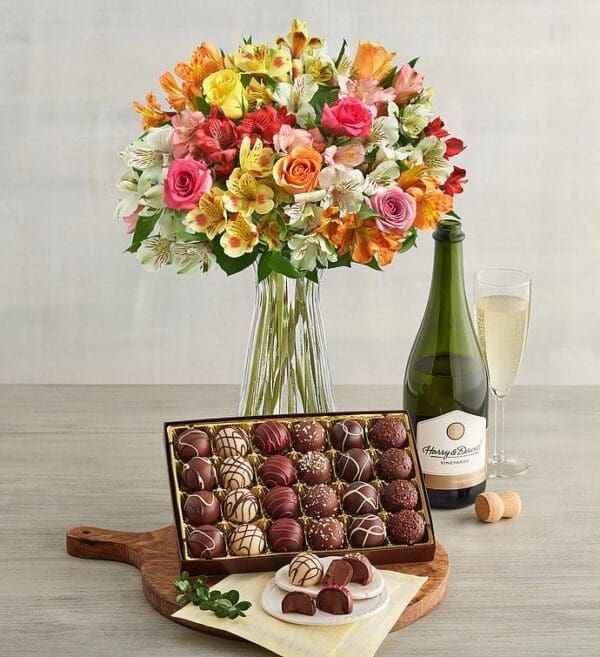 Assorted Roses & Peruvian Lilies, Chocolate Truffles, And Sparkling White Wine, Chocolates & Sweets by Harry & David