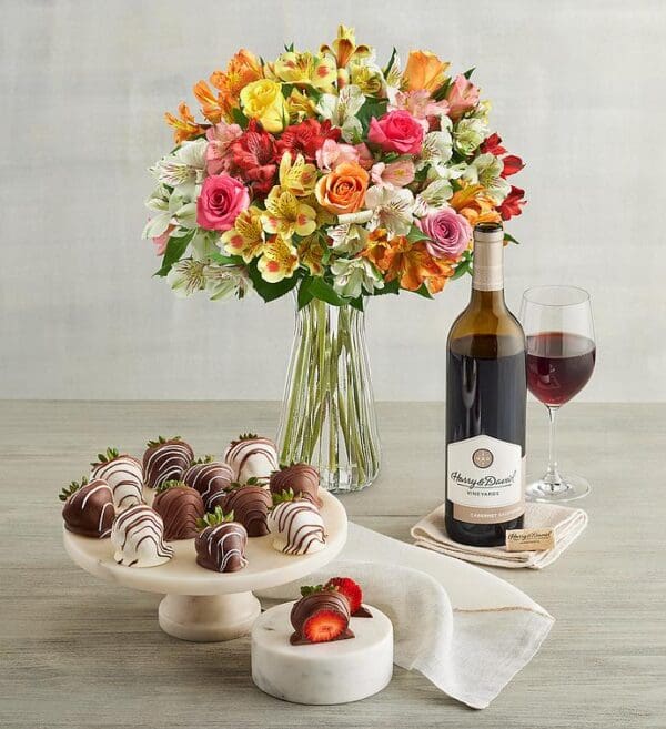 Assorted Roses & Peruvian Lilies, Gourmet Drizzled Strawberries, And Cabernet Sauvignon by Harry & David
