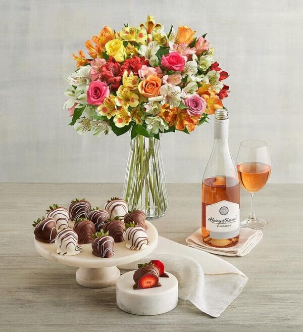 Assorted Roses & Peruvian Lilies, Gourmet Drizzled Strawberries, And Rosé by Harry & David