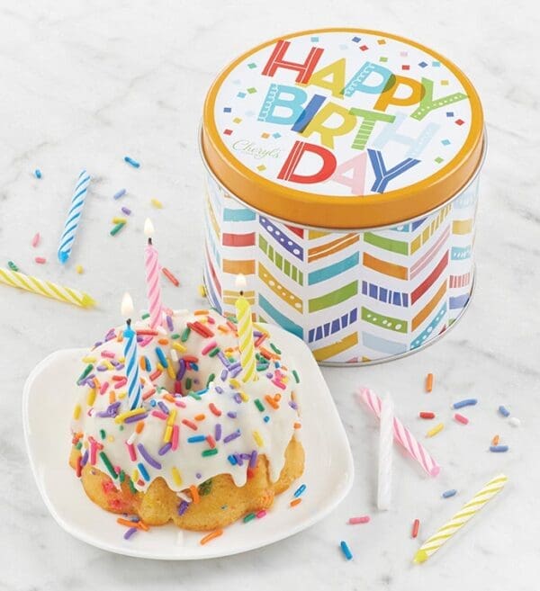 Birthday Mini Confetti Cake And Gift Tin by Cheryl's Cookies