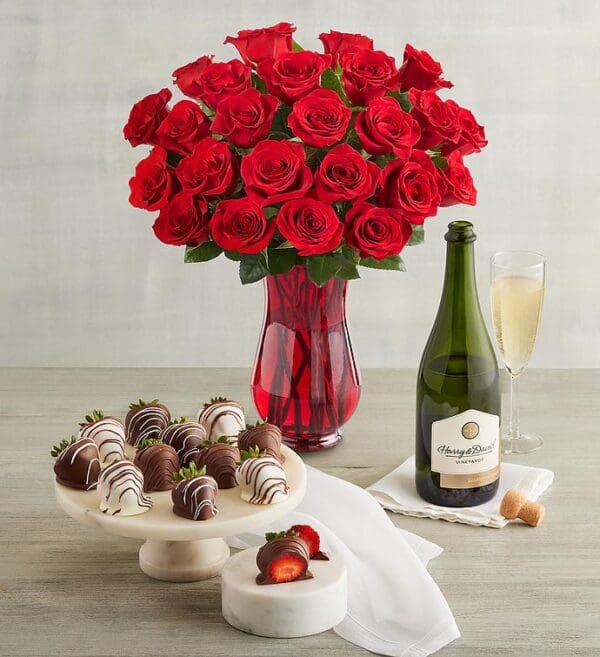 Deliciously Decadent™ 24 Red Roses, 12 Drizzled Strawberries, And Sparkling White Wine, Assorted Foods, Flowers by Harry & David
