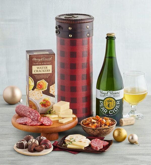 Holiday Snacks With Pear Cider And Plaid Bottle Tote, Assorted Foods, Gifts by Harry & David