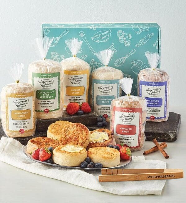 Mix & Match Super-Thick English Muffins Gift Box with Tongs - 6 Packages by Wolfermans