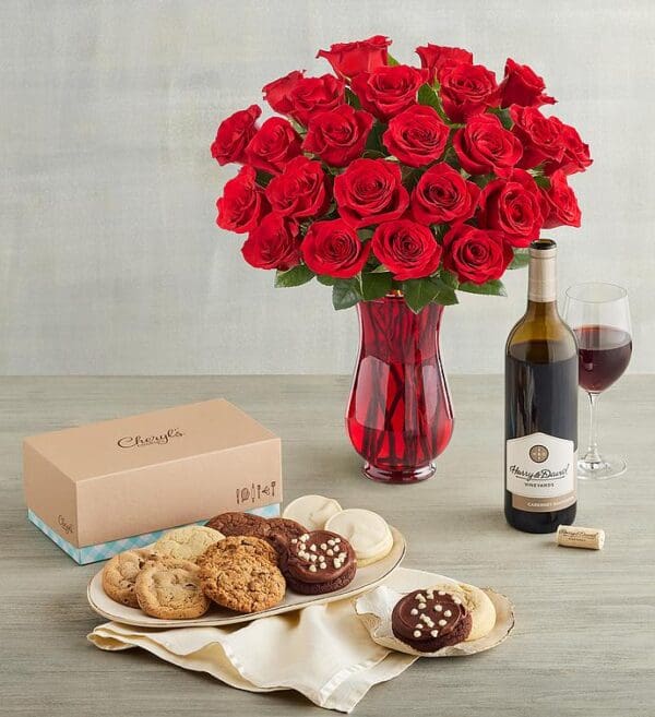Two Dozen Red Roses, A Dozen Cheryl's® Cookies, And Cabernet Sauvignon by Harry & David