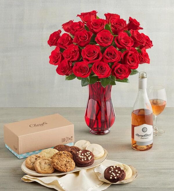 Two Dozen Red Roses, A Dozen Cheryl's® Cookies, And Rosé by Harry & David