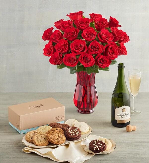 Two Dozen Red Roses, A Dozen Cheryl's® Cookies, And Sparkling White Wine by Harry & David