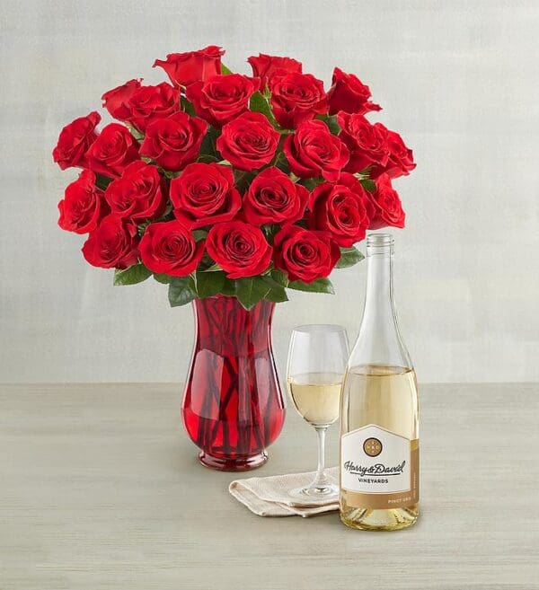 Two Dozen Red Roses And Pinot Gris, Single Variety Bouquets, Flowers by Harry & David