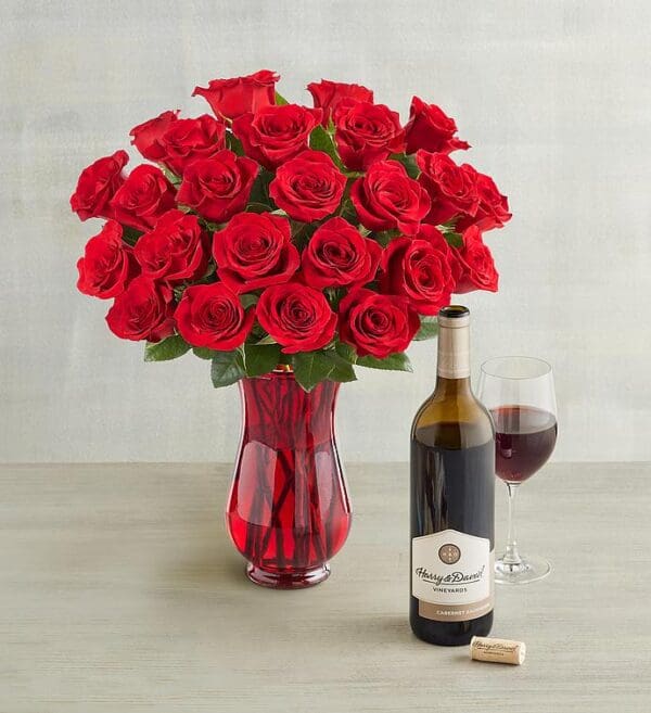 Two Dozen Red Roses And Ross Lane Red Blend, Single Variety Bouquets, Flowers by Harry & David