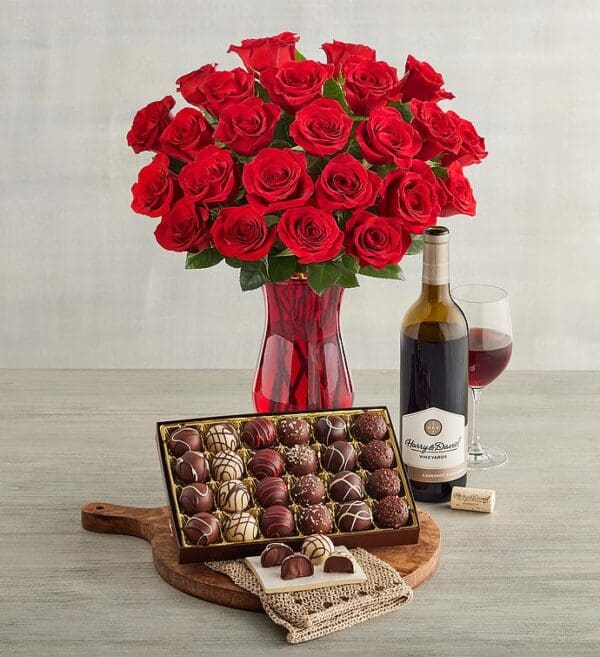 Two Dozen Red Roses, Chocolate Truffles, And Cabernet Sauvignon, Chocolates & Sweets by Harry & David