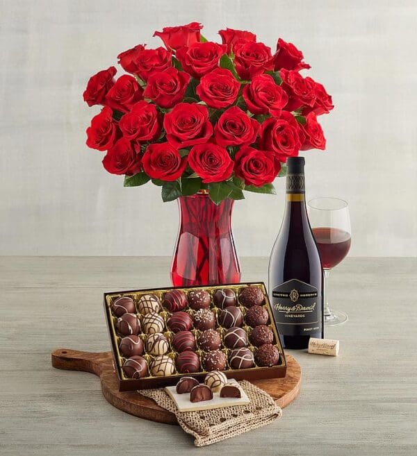 Two Dozen Red Roses, Chocolate Truffles, And Reserve Pinot Noir, Chocolates & Sweets by Harry & David