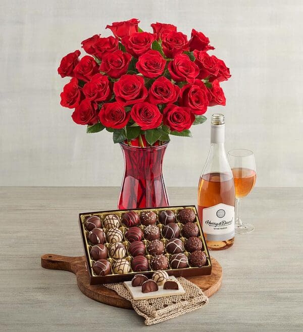 Two Dozen Red Roses, Chocolate Truffles, And Rosé, Chocolates & Sweets by Harry & David
