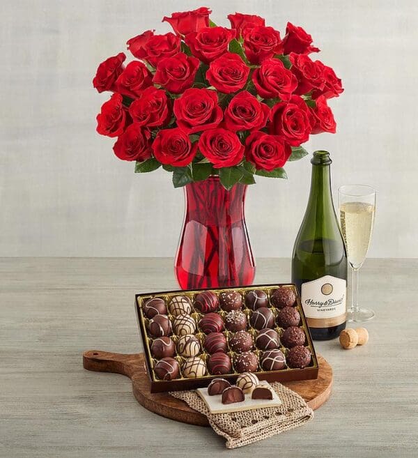 Two Dozen Red Roses, Chocolate Truffles, And Sparkling White Wine, Chocolates & Sweets by Harry & David