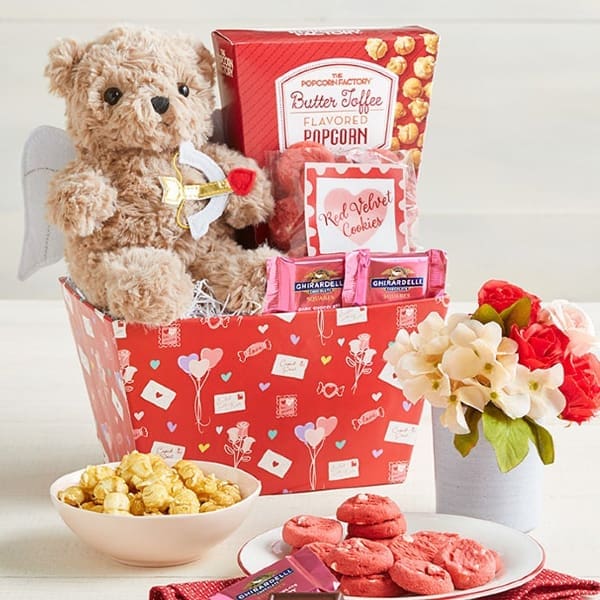 Valentine Heartfelt Bear & Dark Chocolate Raspberry Sweets Gift Basket