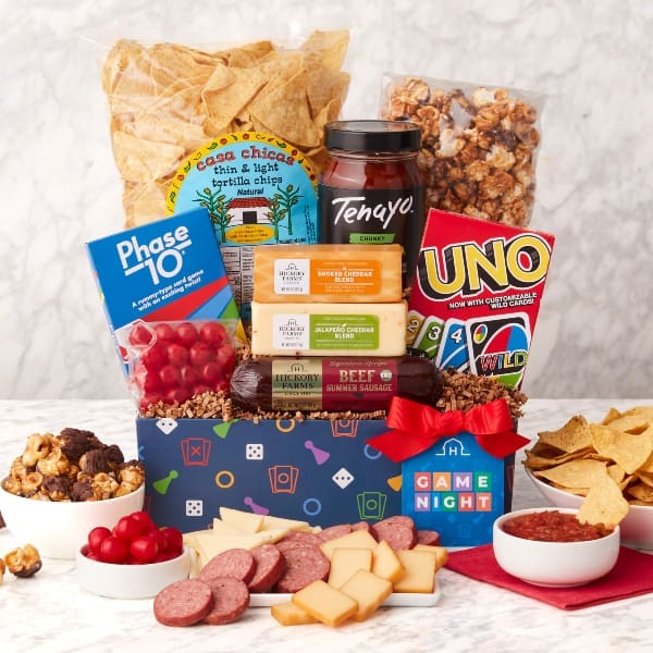 Uno Game Night Chocolate Caramel Corn and Snacks Gift Basket
